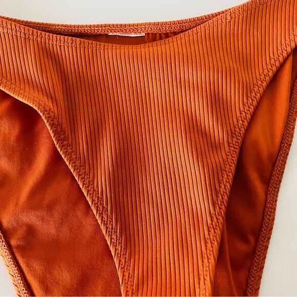 NEW OLD NAVY Rust Orange Ribbed Cheeky High Rise Bikini Swim Swimsuit Bottoms M - Picture 2 of 5
